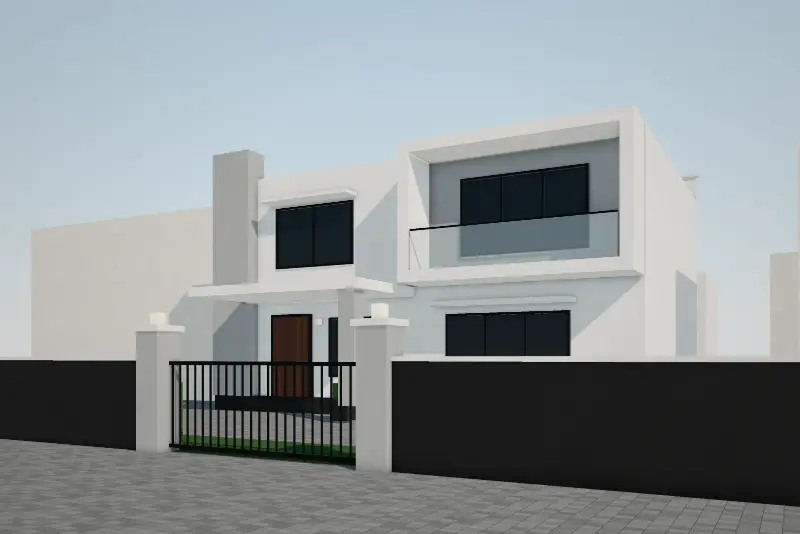 House with White marble texture paint and a Black boundary wall