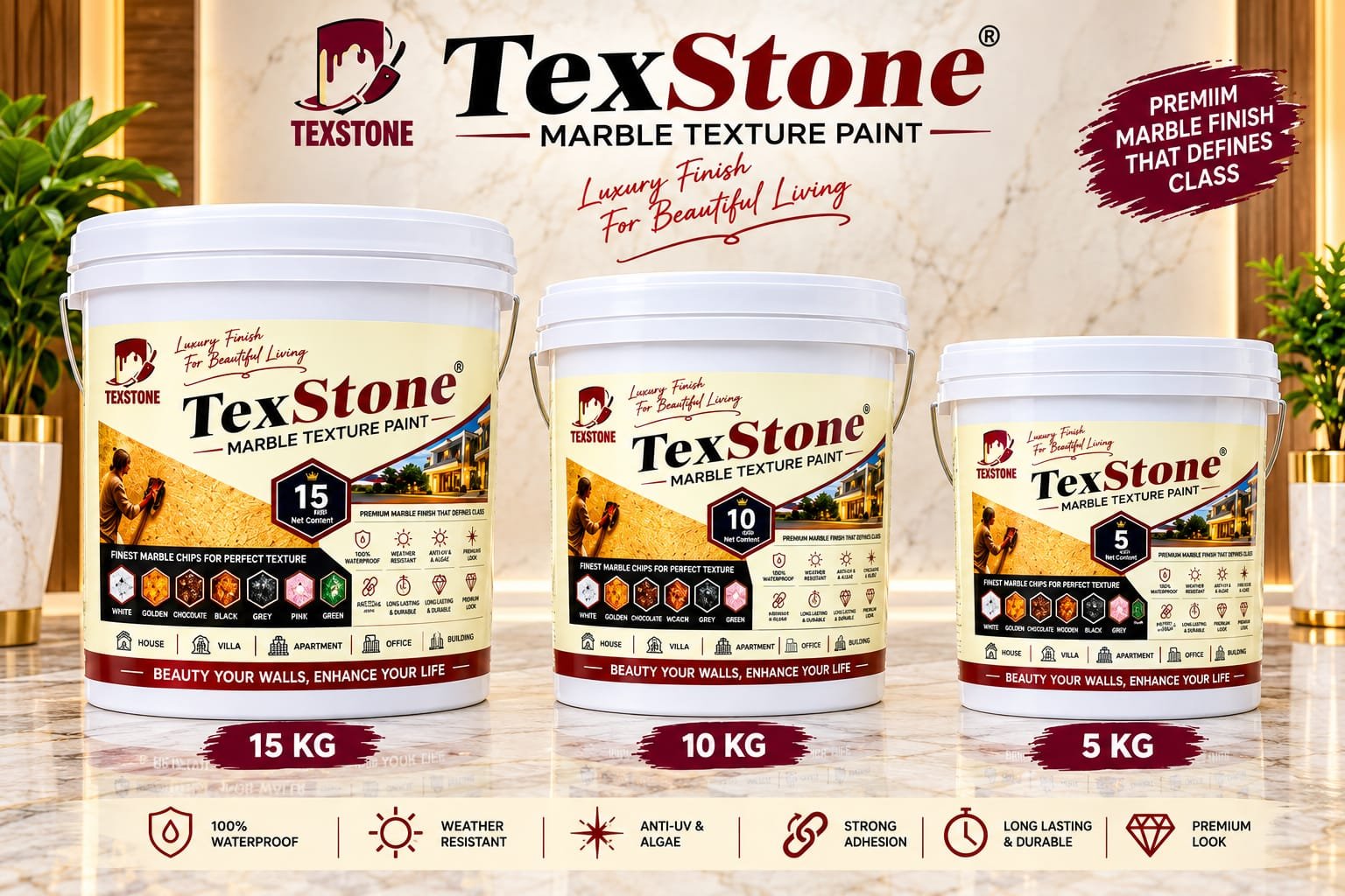 TexStone Marble Texture Paint buckets in 15 kg, 10 kg and 5 kg packs