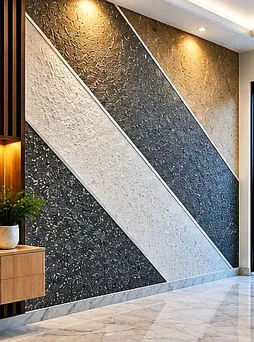 Feature wall with diagonal white, charcoal and beige bands