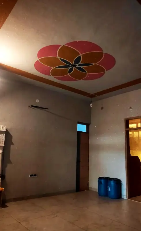 Room with textured walls and a flower ceiling design